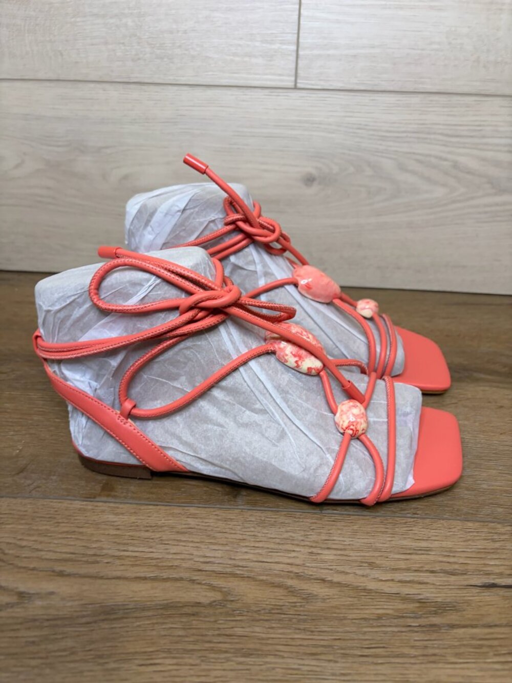 NINE WEST Niraa Ankle Wrap Flat Sandals Coral Orange Beaded Lace Up Size 6M